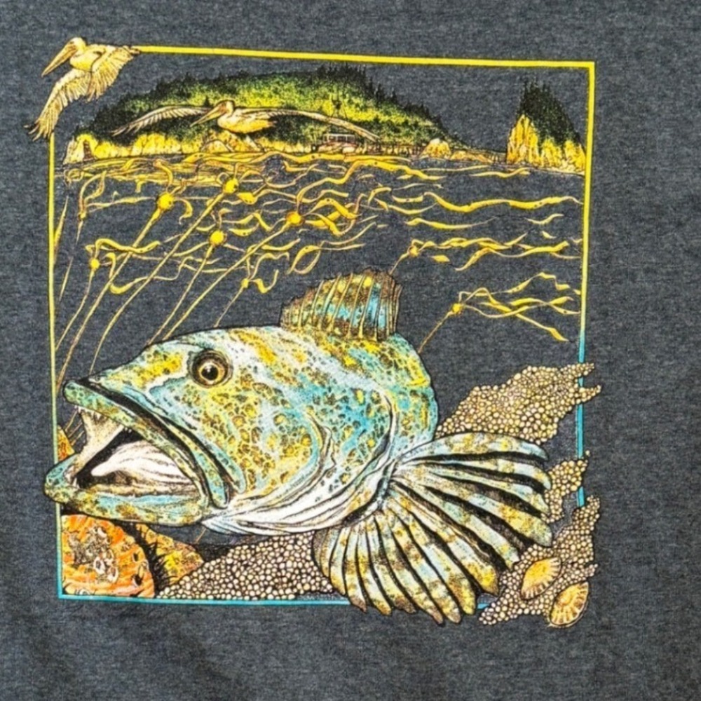 VTG Mens Salty's Supply Co California Fish Graphic T-Shirt‎ outdoors fishing